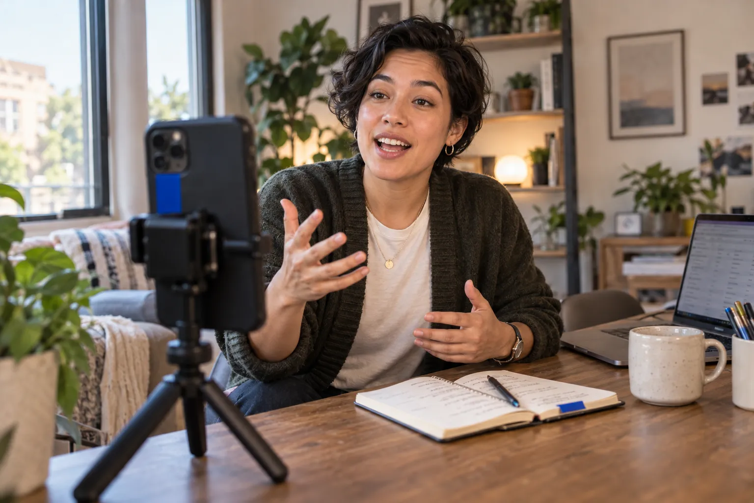 Glimlachende contentcreator filmt met een smartphone en ringlamp een productpromotie