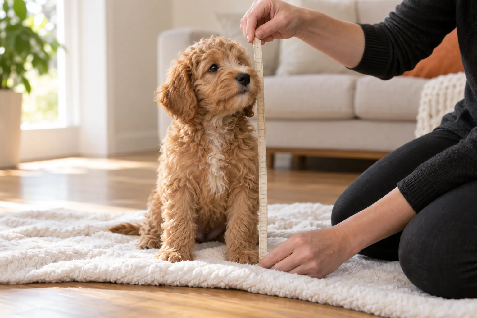 Family gently petting a calm golden puppy in a cozy living room