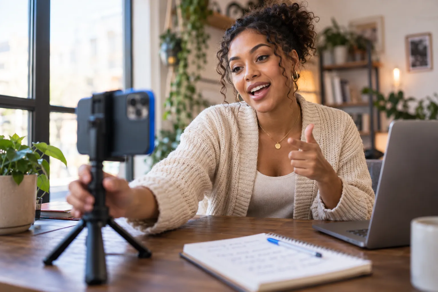 Young entrepreneur smiling at laptop showing affiliate earnings dashboard, home office