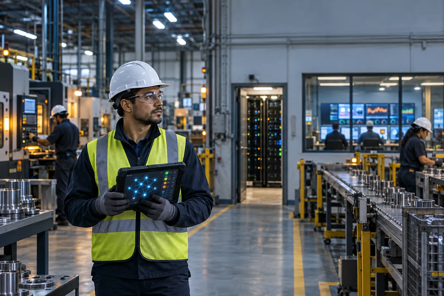 Engineer monitoring industrial control systems and cybersecurity dashboards in modern factory