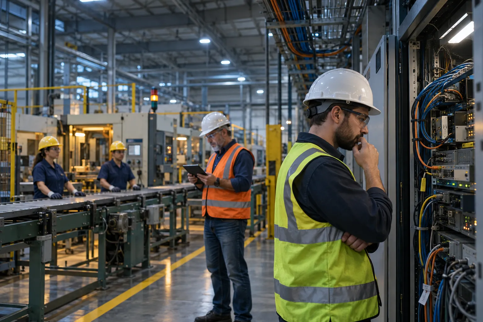 Control room server rack beside factory machinery with outdated equipment