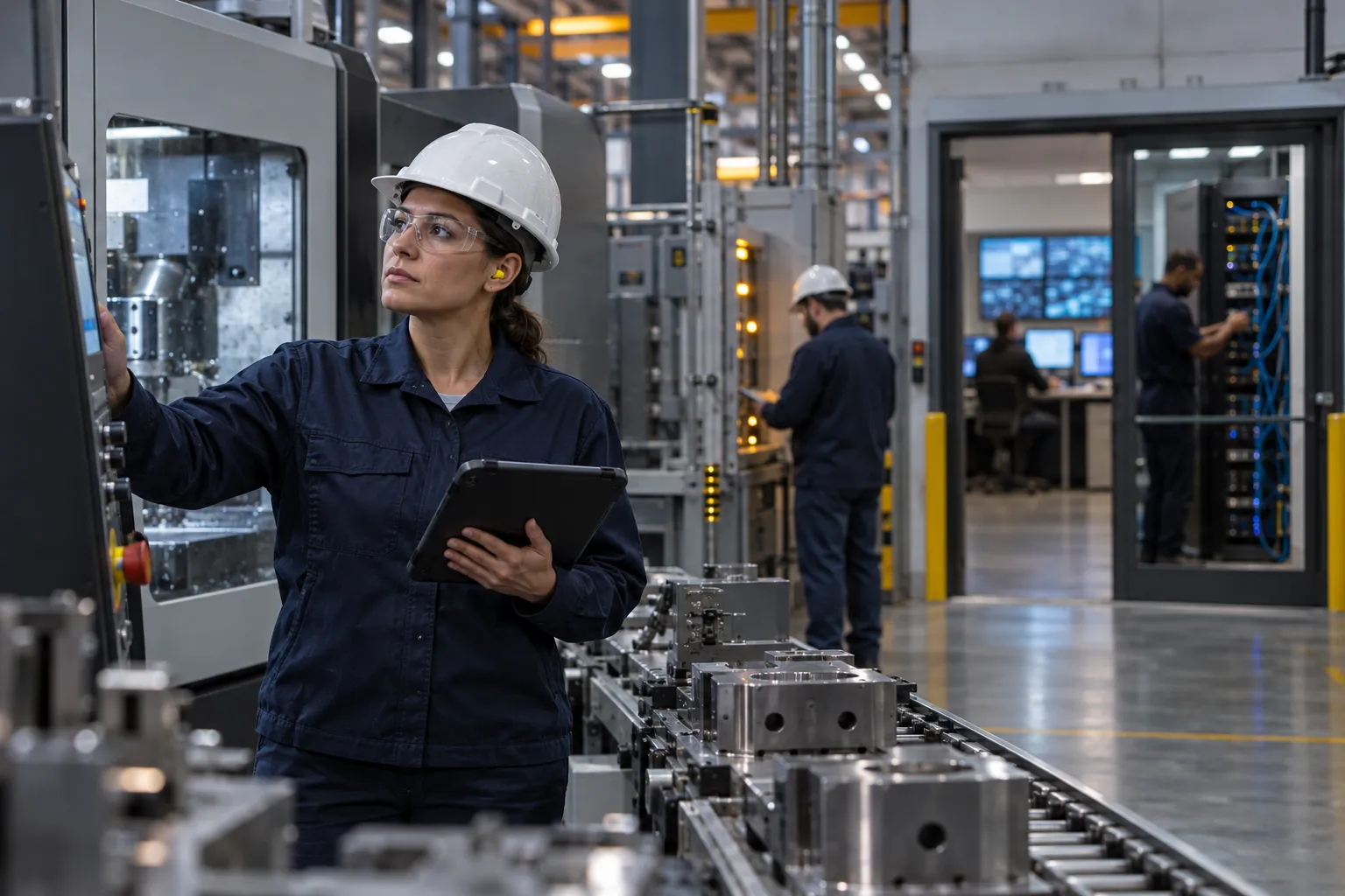 Two engineers reviewing tablets on a modern factory floor with industrial machinery