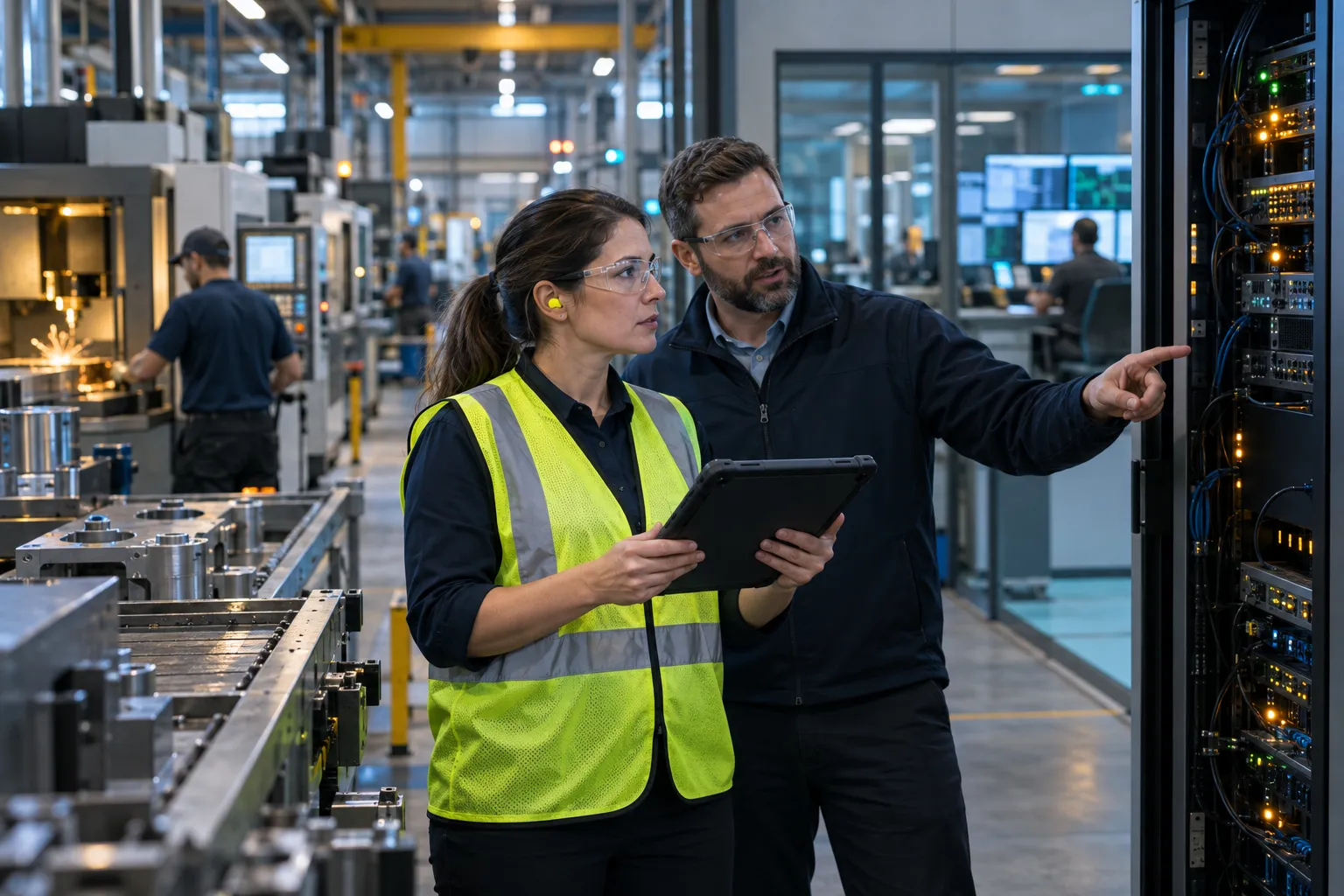 Engineer in hard hat reviewing tablet on factory control room floor