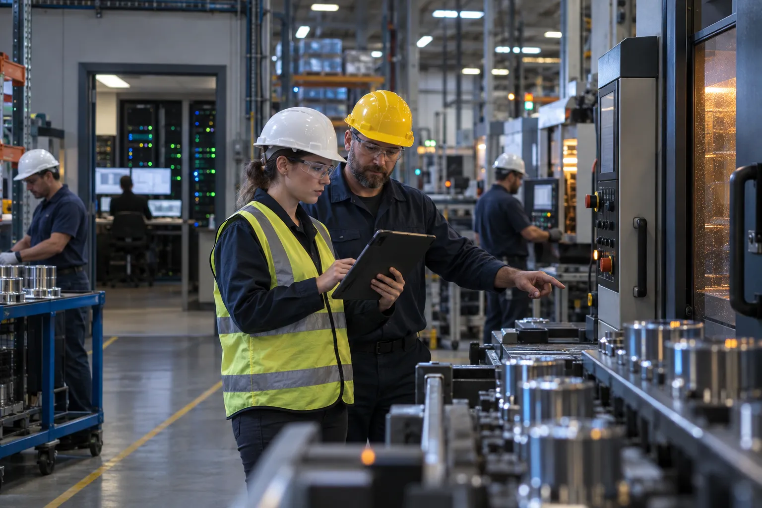 Manufacturing engineer collaborating with IT specialist on factory floor