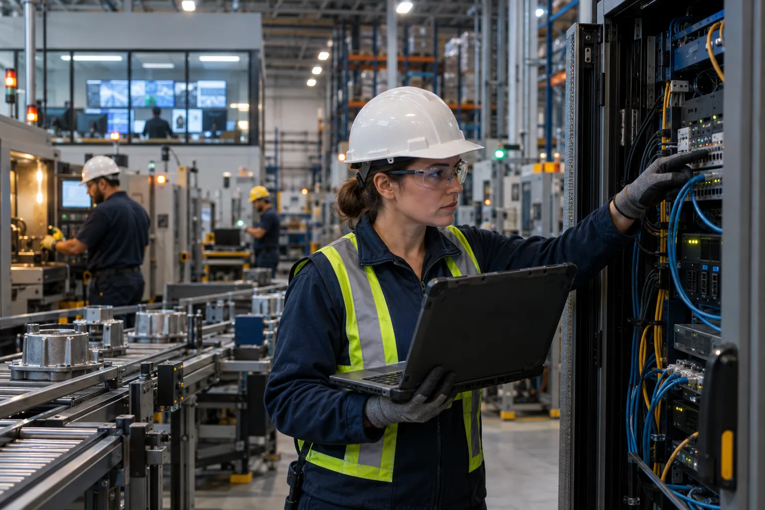 Technician inspecting industrial control panel in modern manufacturing plant