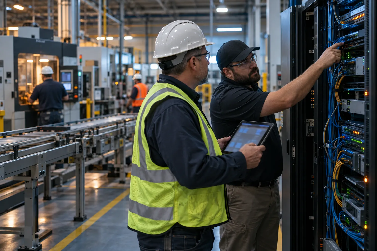Worn factory server rack with tangled cables in dim industrial plant