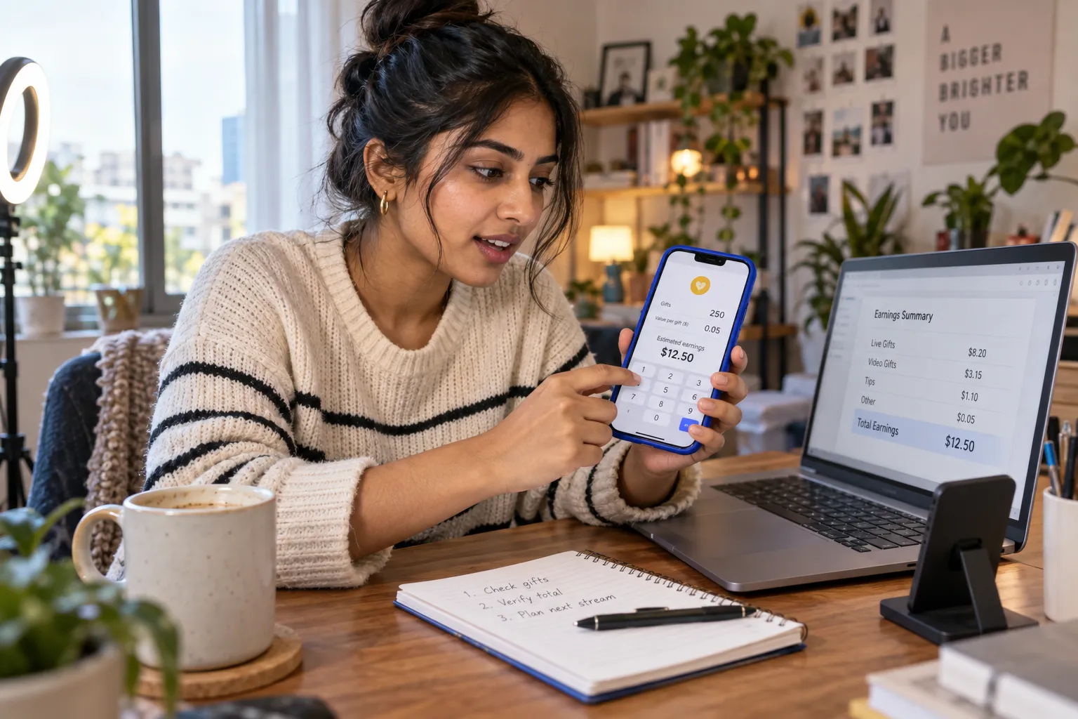 Content creator's phone displaying TikTok gift earnings calculator and tracking dashboard