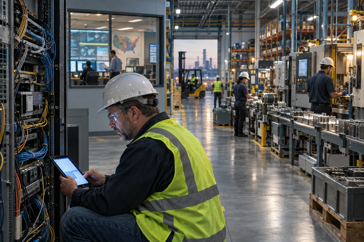 Industrial control panels and servers in a modern manufacturing facility