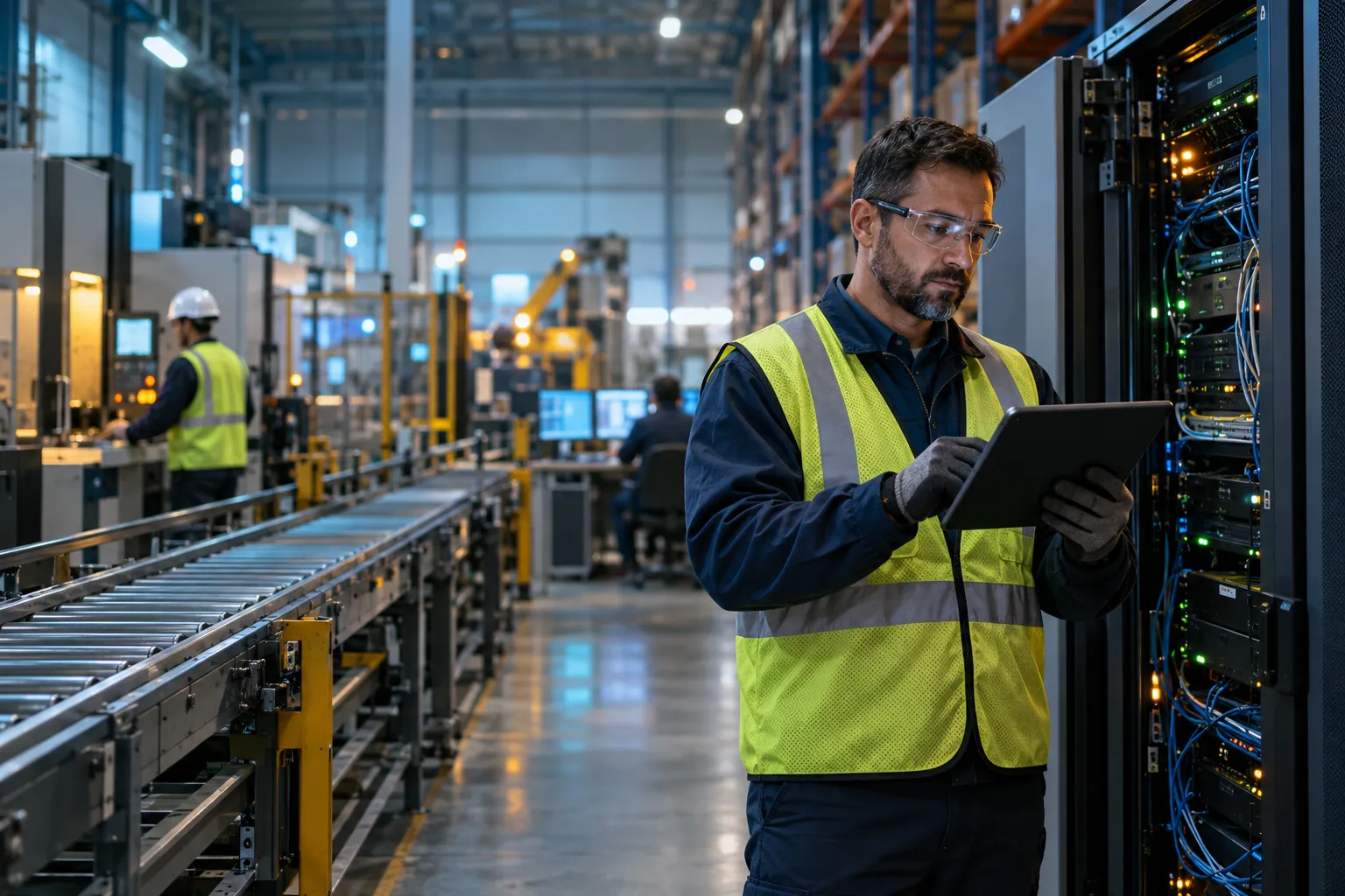 Industrial control panels and servers in a modern US manufacturing facility