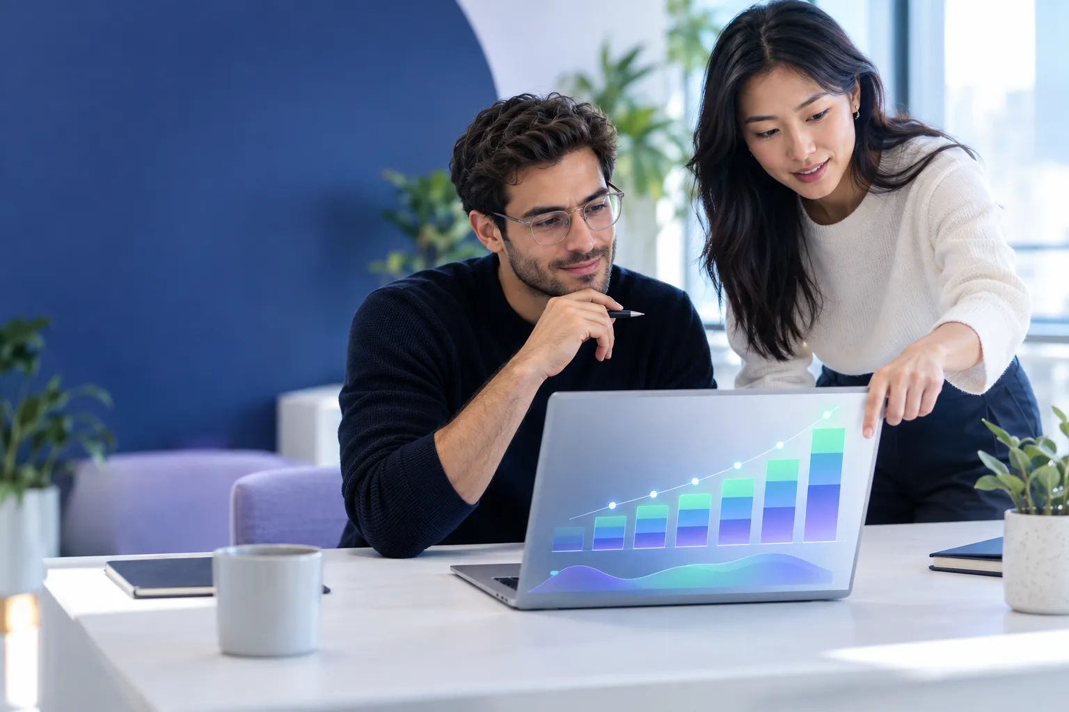 Modern workspace with financial charts and laptop showing business projections