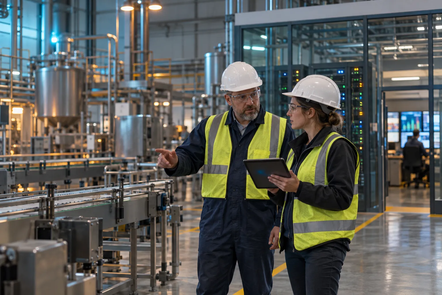 Manufacturing engineer reviewing cybersecurity checklist on tablet in factory