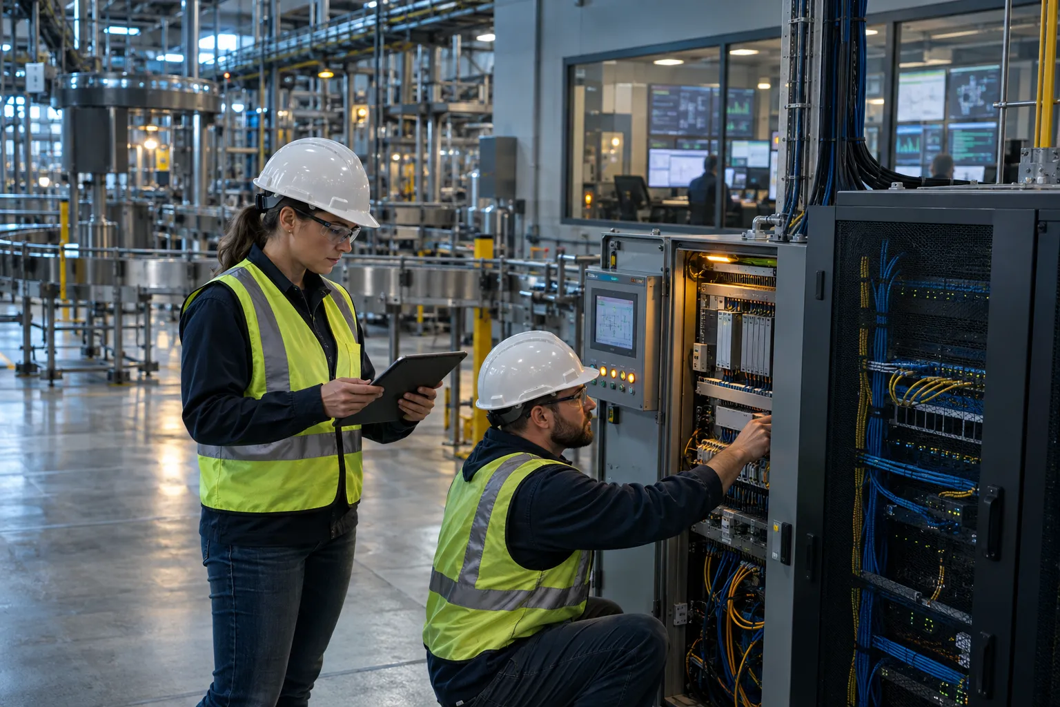 Control engineer monitoring networked servers beside factory assembly line equipment