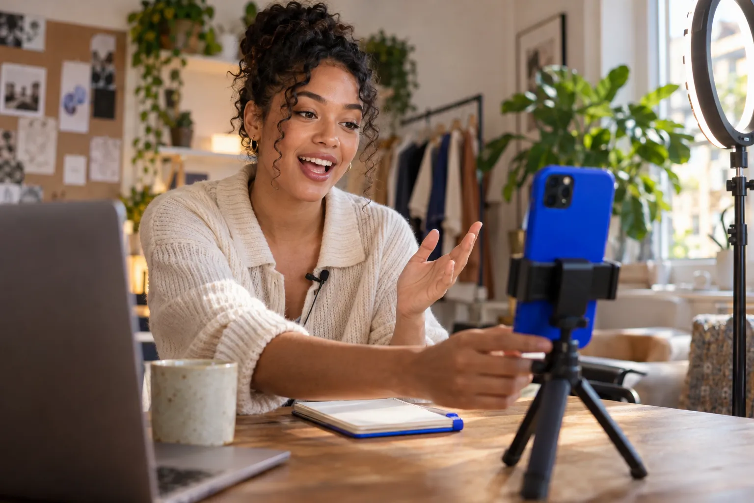 Jonge verkoper filmt een TikTok-productvideo met een smartphone en ringlamp