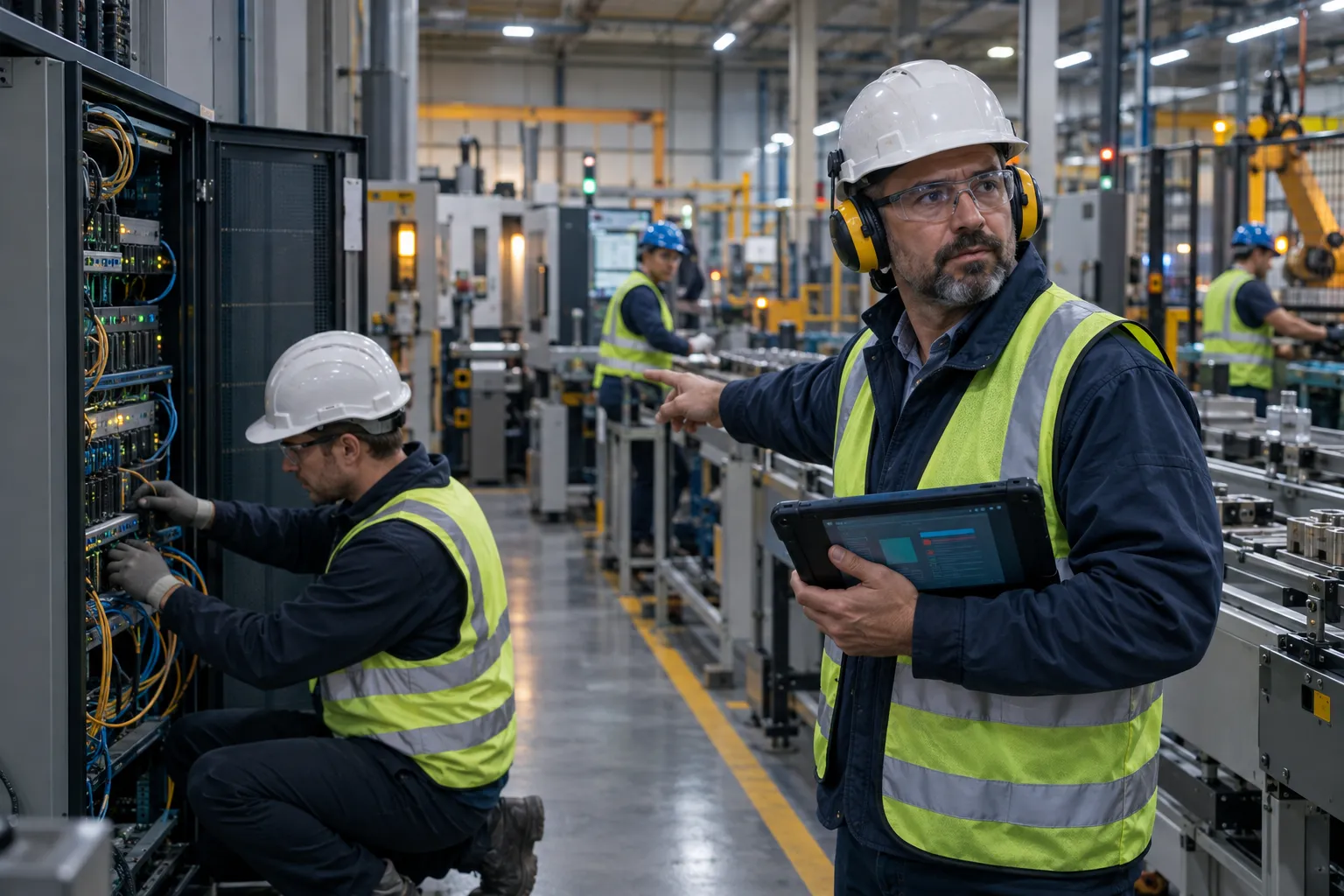 Manufacturing technician working at factory floor computer with industrial machinery