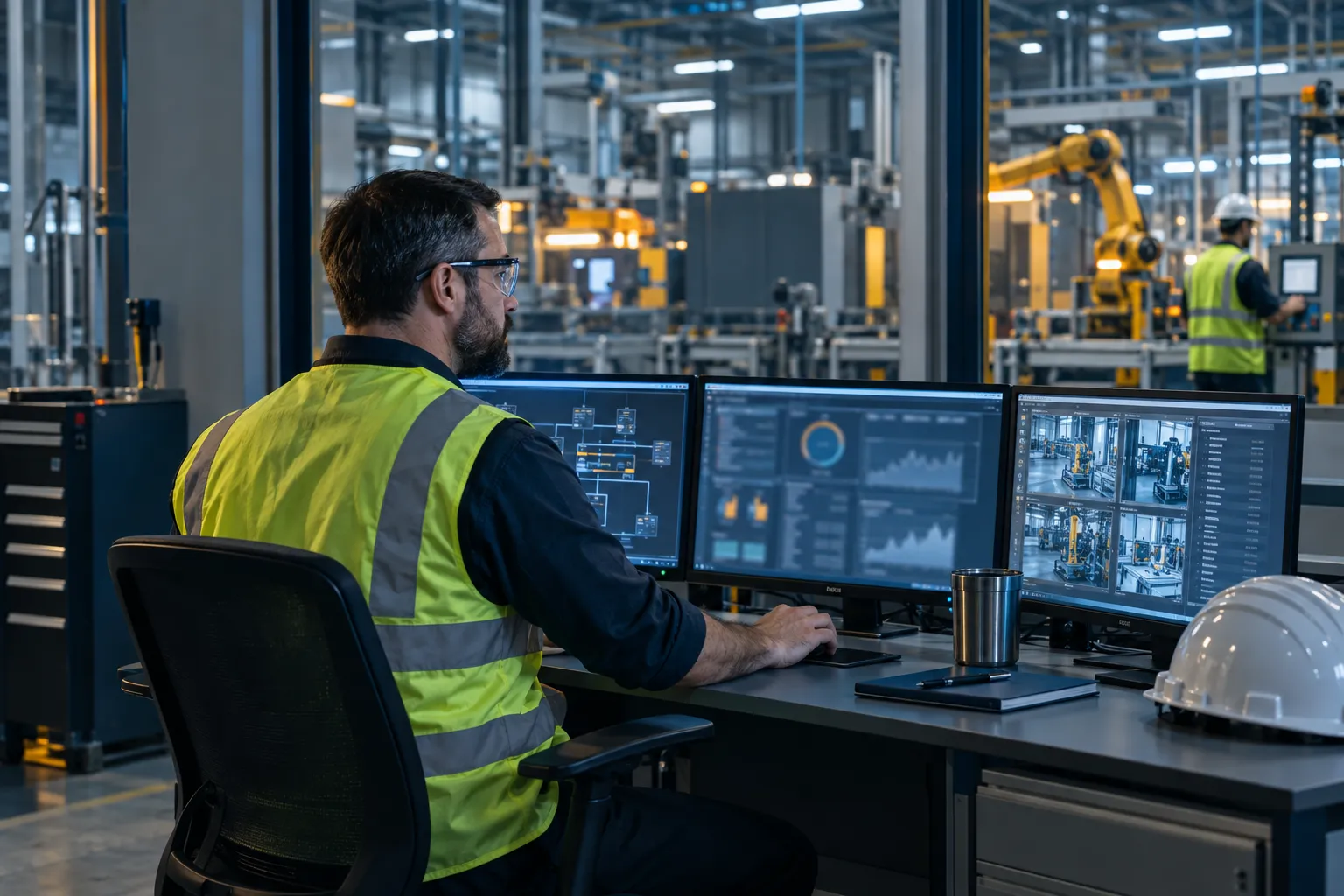 Engineer monitoring cybersecurity dashboards inside a modern manufacturing facility