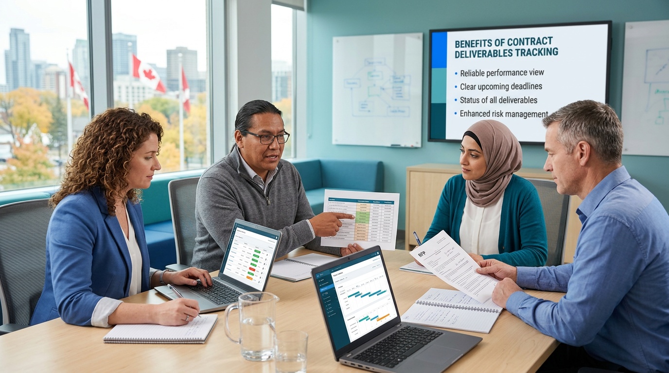 A procurement team reviewing contract deliverables and supplier performance records