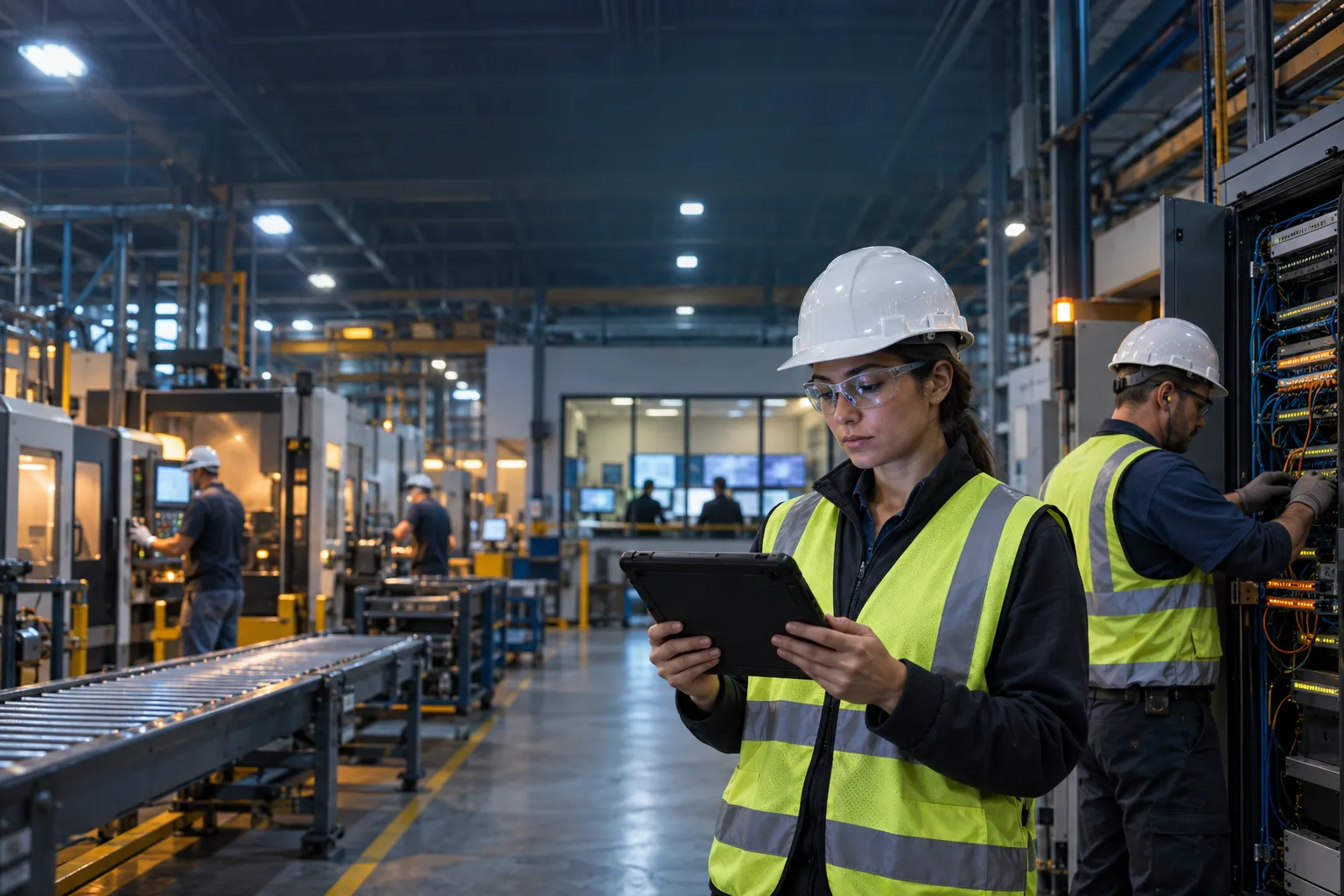 Photorealistic factory floor with networked machinery and cybersecurity monitoring