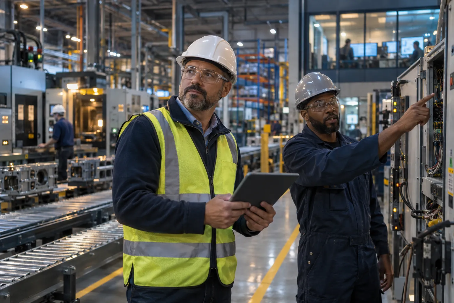 Engineer reviewing cybersecurity dashboards on factory floor control panels