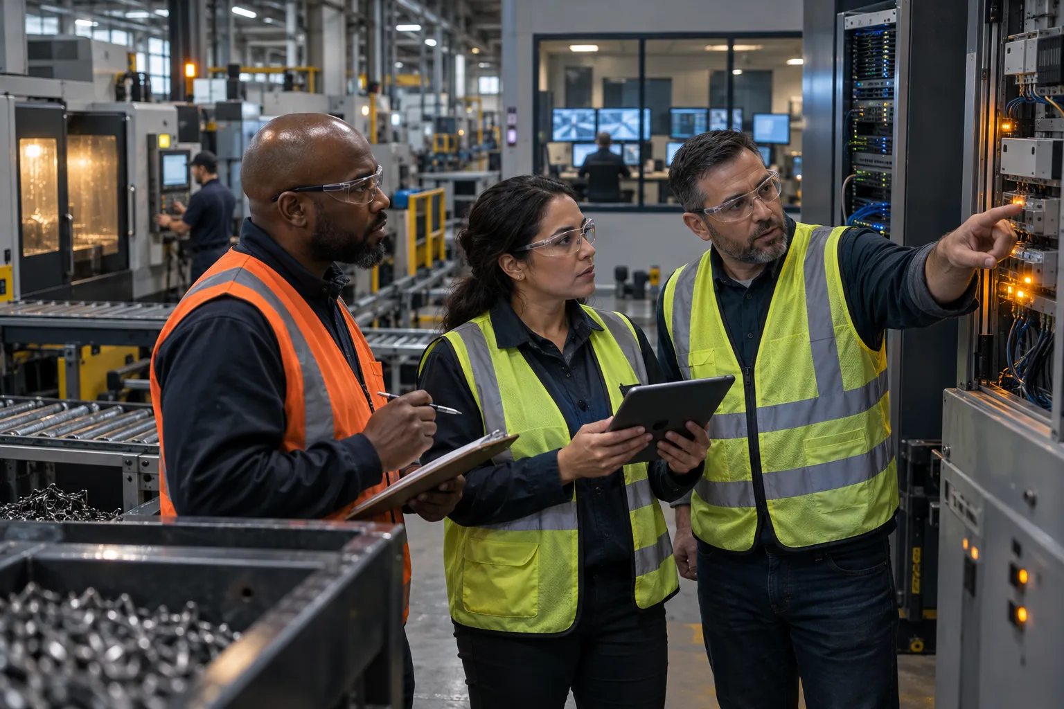 Engineer with tablet reviewing factory control systems and servers