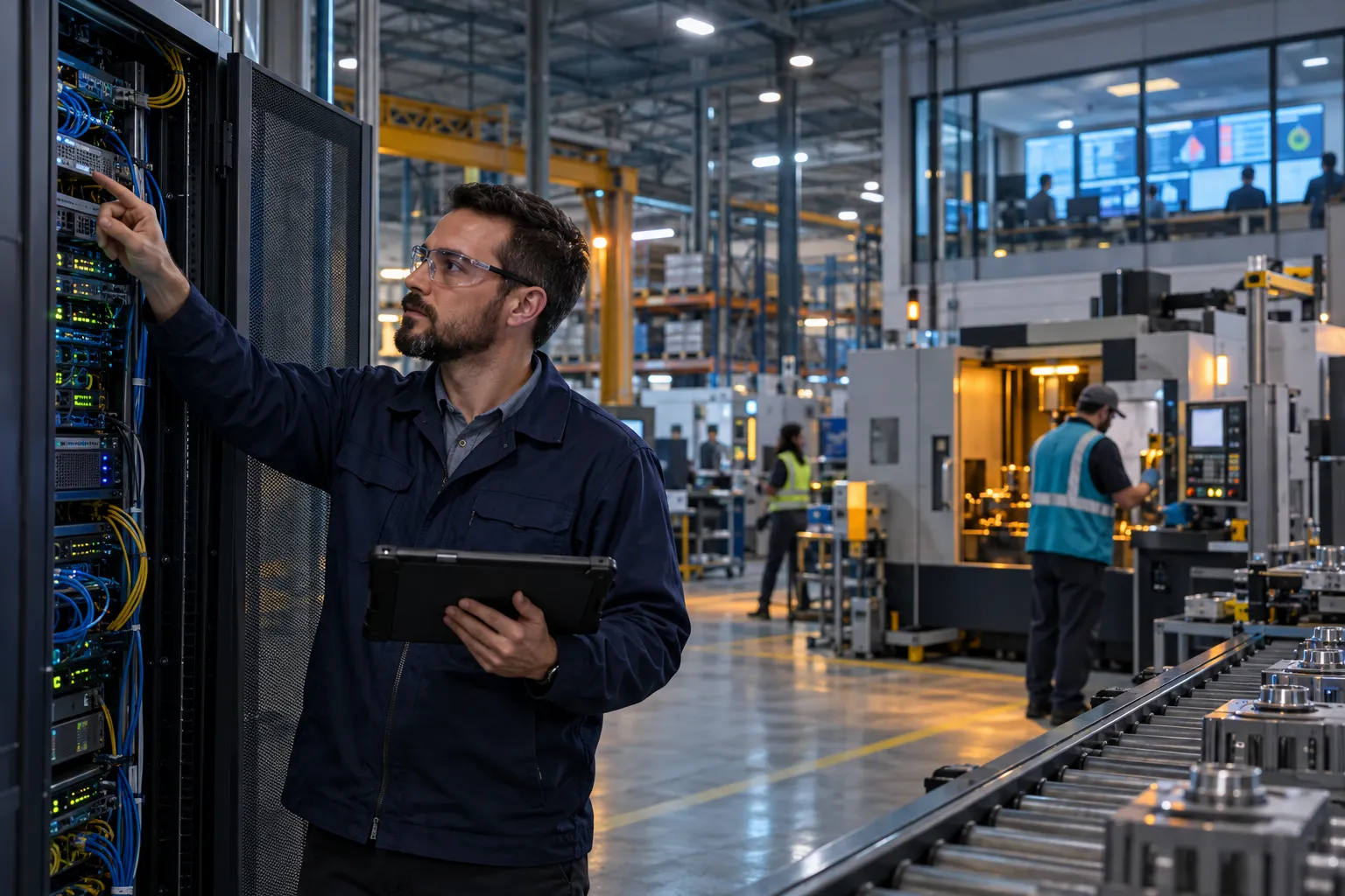 Engineer evaluating industrial control panels on a manufacturing factory floor