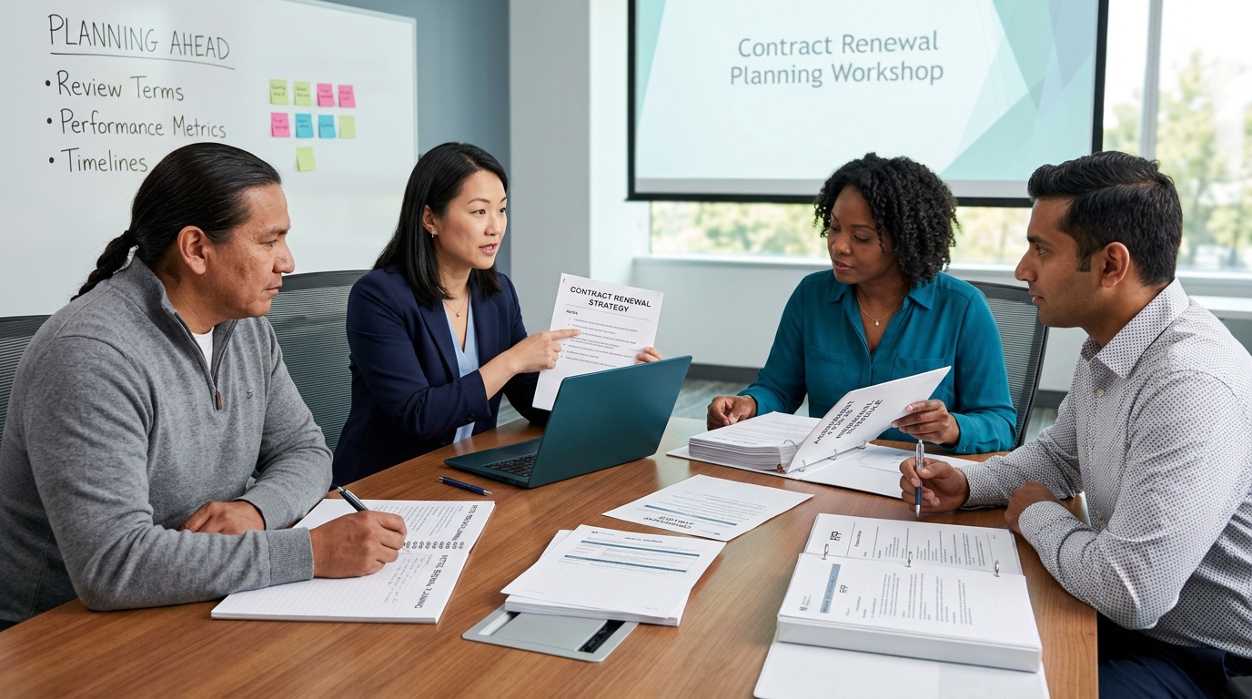 A public procurement team reviewing a contract renewal plan