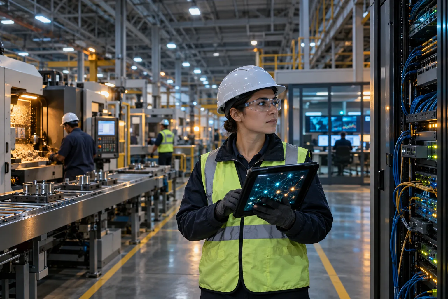 Engineer monitors industrial network equipment inside a manufacturing facility