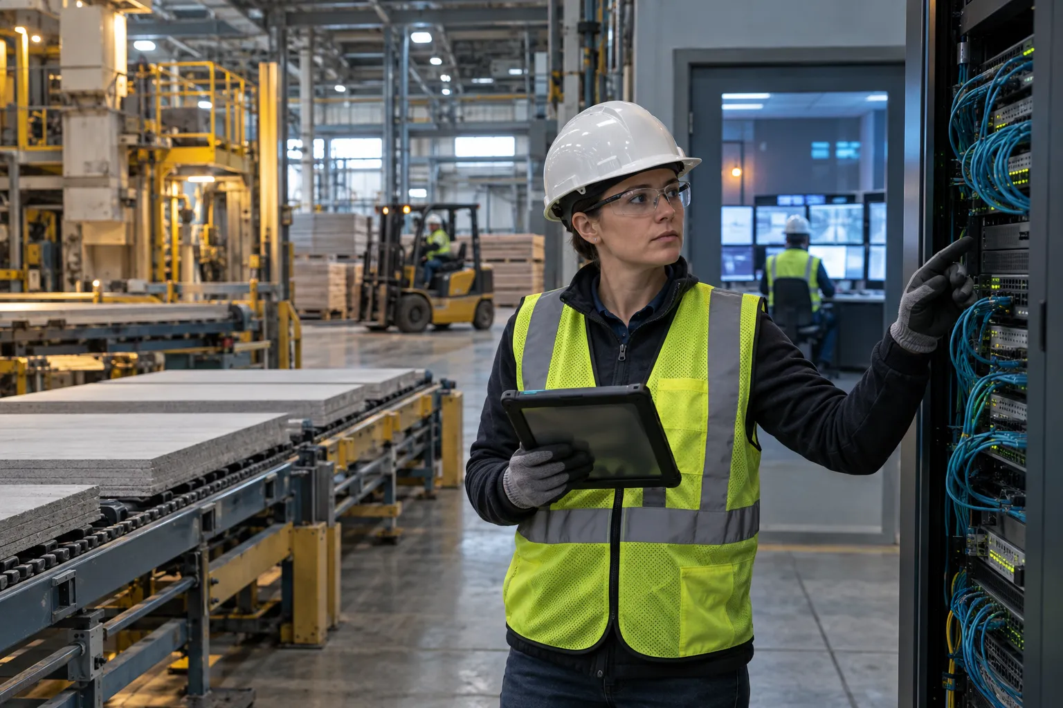 Engineer monitoring production line controls in modern US factory