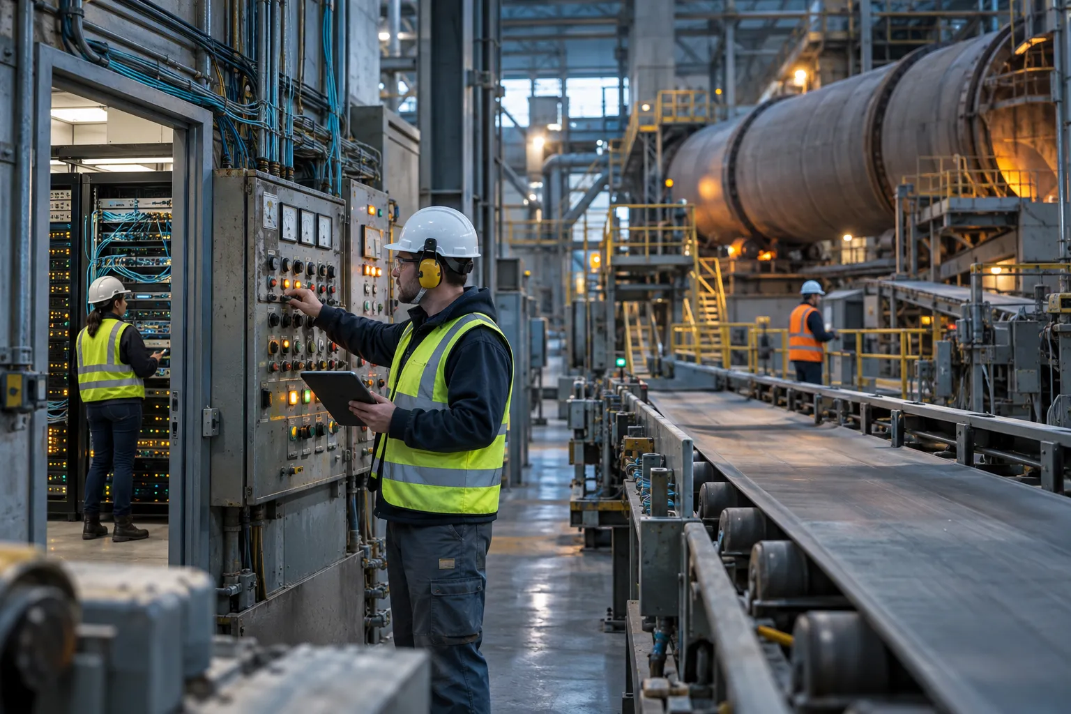 Legacy industrial control panels connected to modern network switches in factory