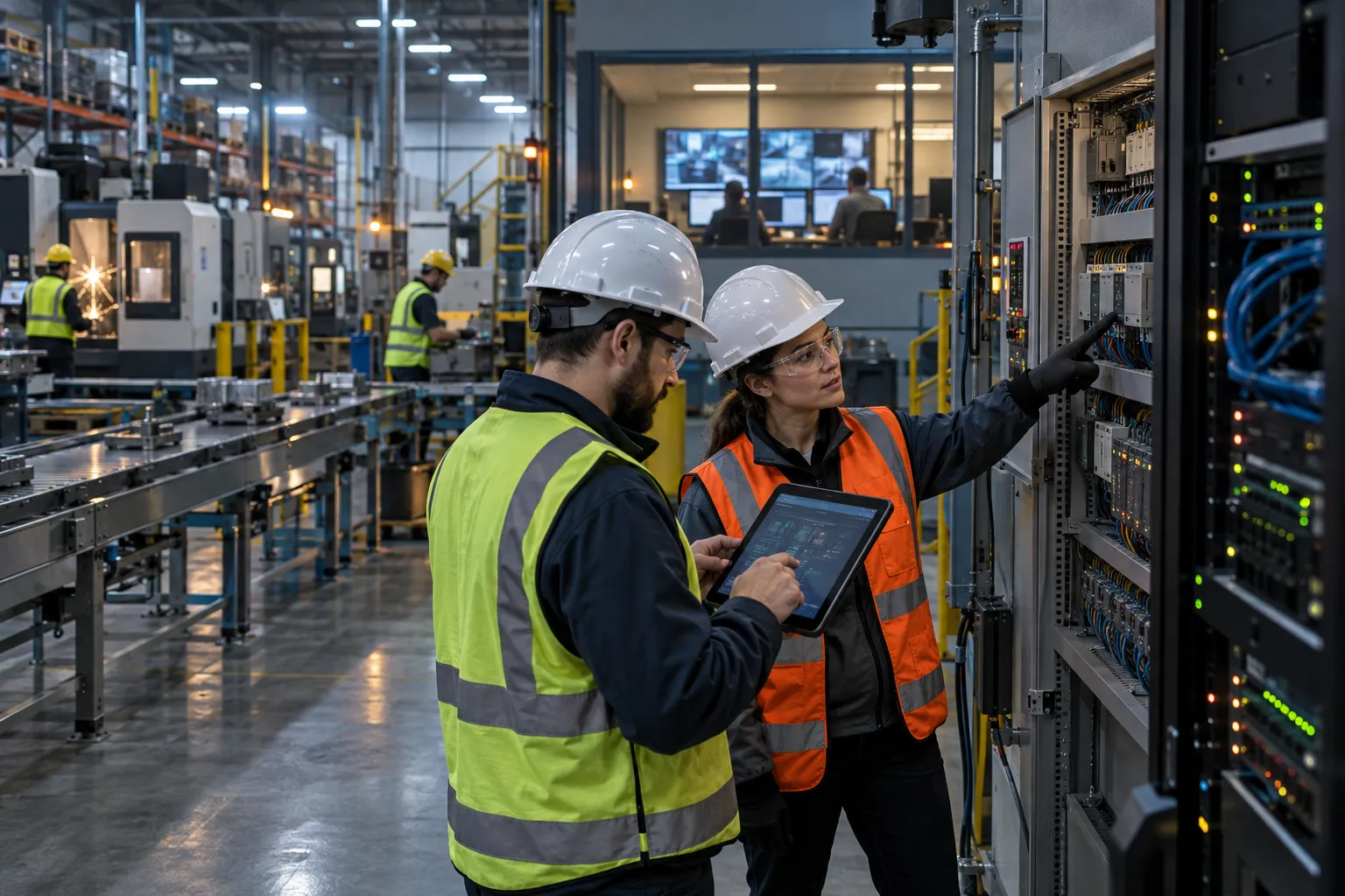 Engineer in hard hat examining industrial control panel on factory floor