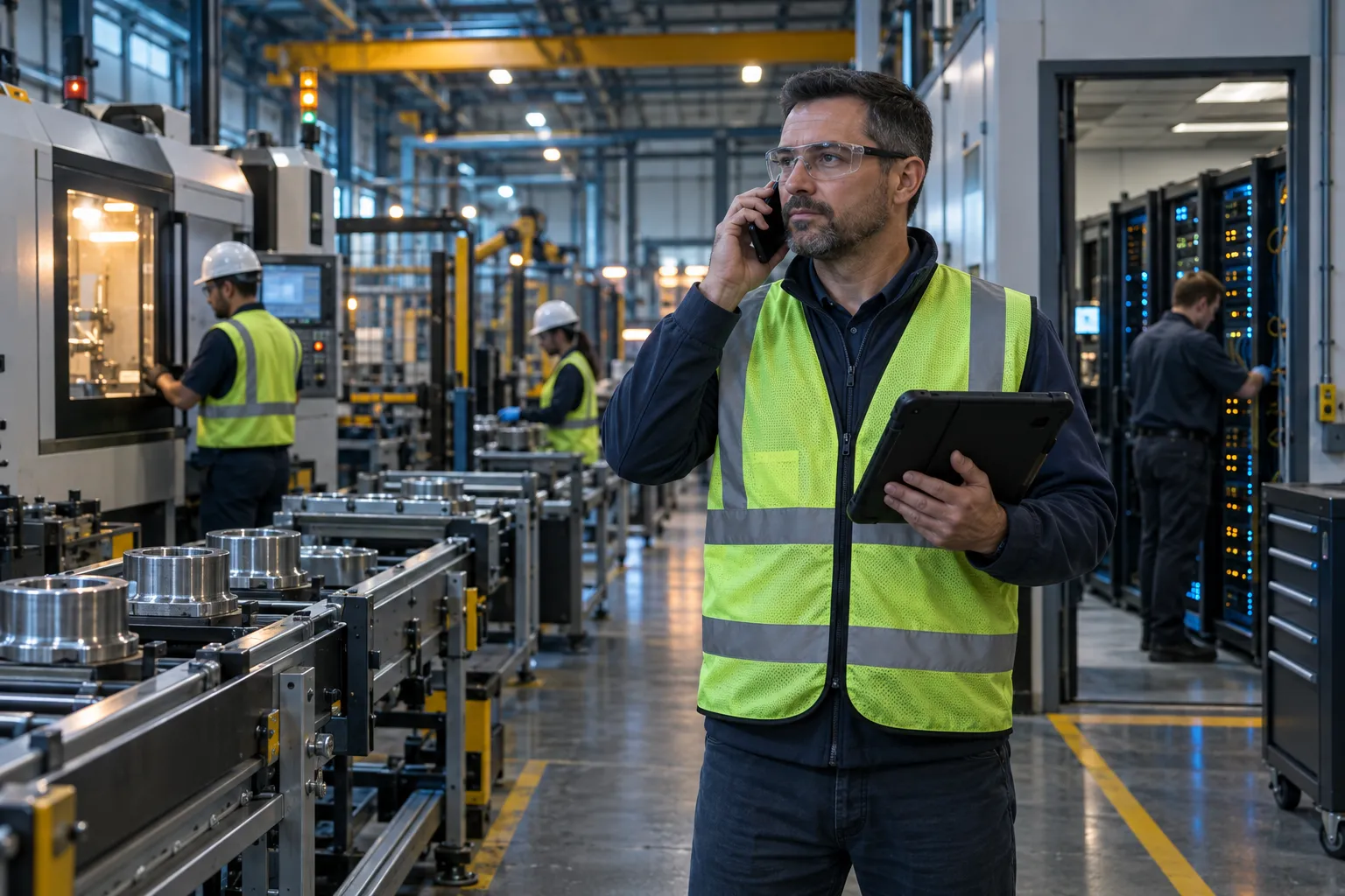 Engineer in hard hat reviewing cybersecurity data on factory floor monitor