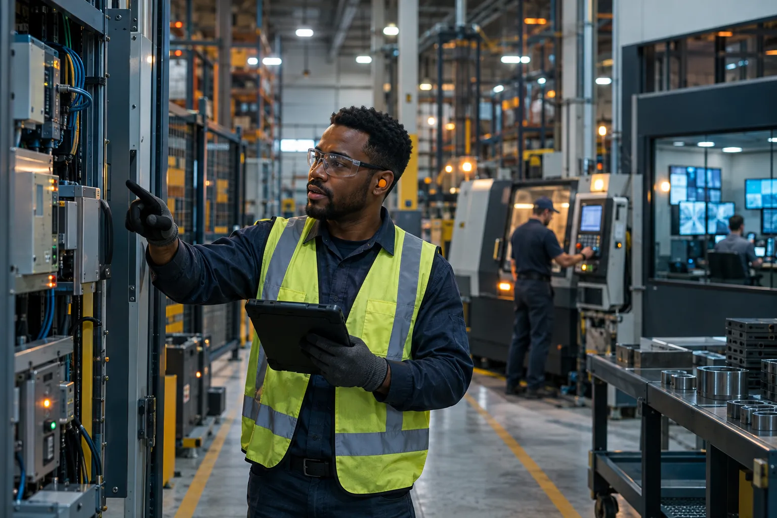 Industrial engineer with tablet inspecting factory control panels and equipment