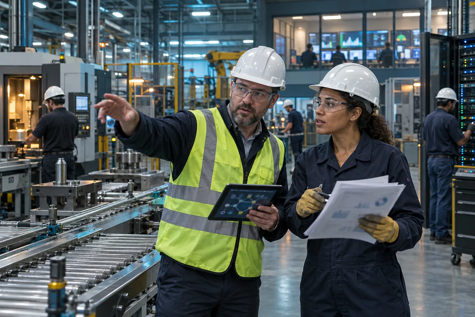 Engineer with tablet inspecting factory control panels and industrial machinery
