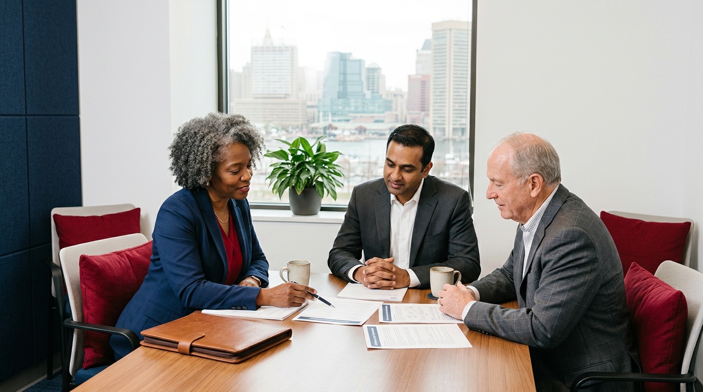 Wrongful Death Attorney Near Me: Finding the Right Legal Support After a Loss 2 Three people discussing paperwork at a meeting table in an office overlooking a city harbor