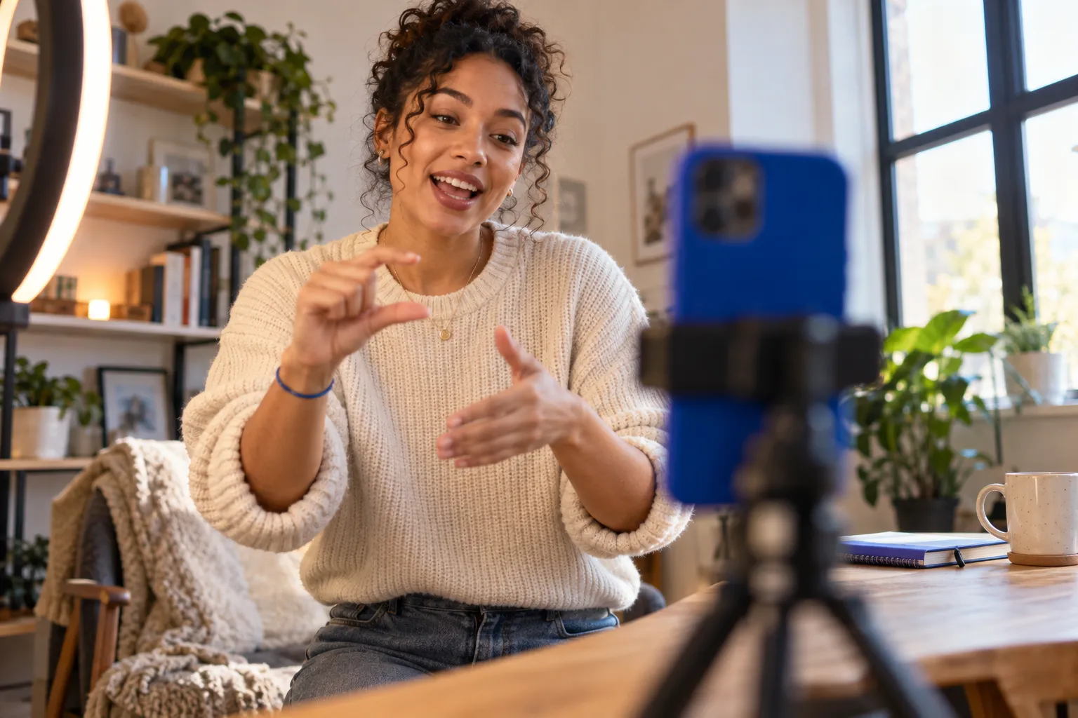 Creator neemt een productvideo op met een ringlamp en smartphone