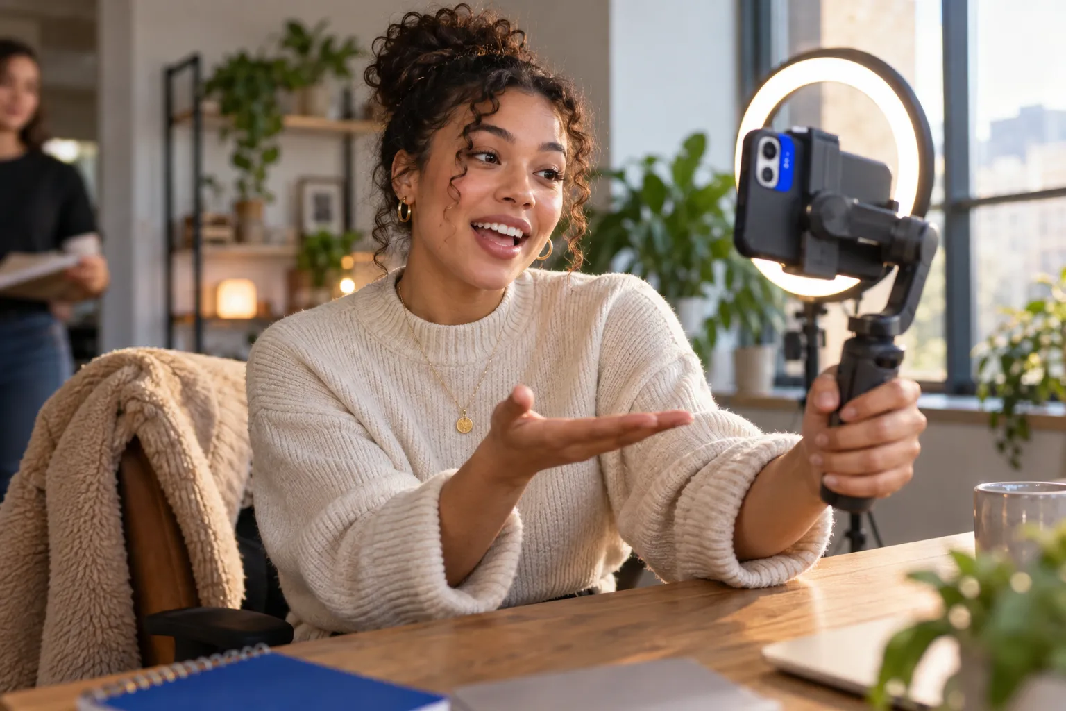 Smartphone waarmee een creator virale producten uitpakt aan een bureau met ringlamp