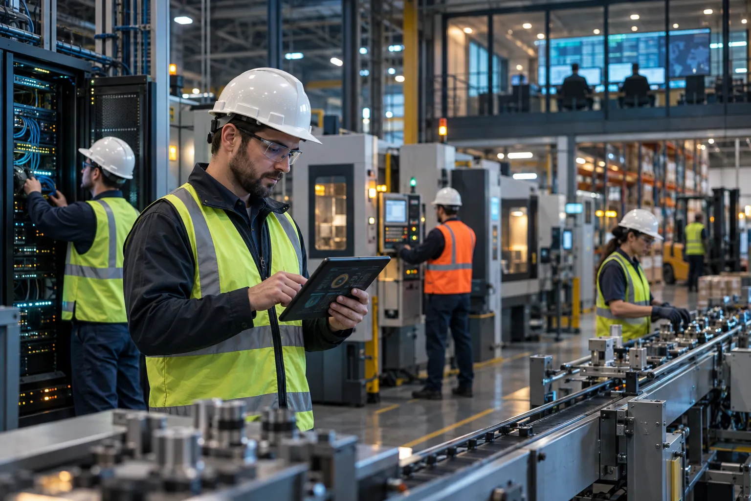Manufacturing engineers monitor industrial control systems on a factory floor