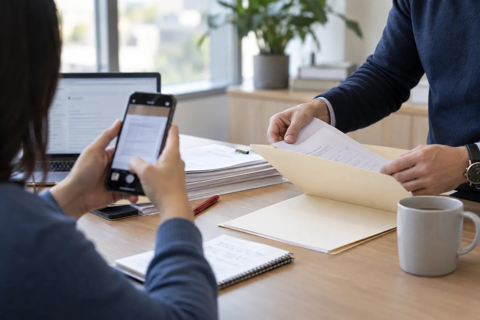 Business professional's hands examining empty wallet and scattered documents on desk