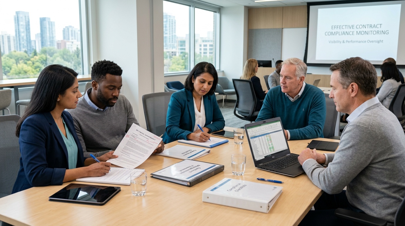 Contract manager reviewing supplier performance and contract records