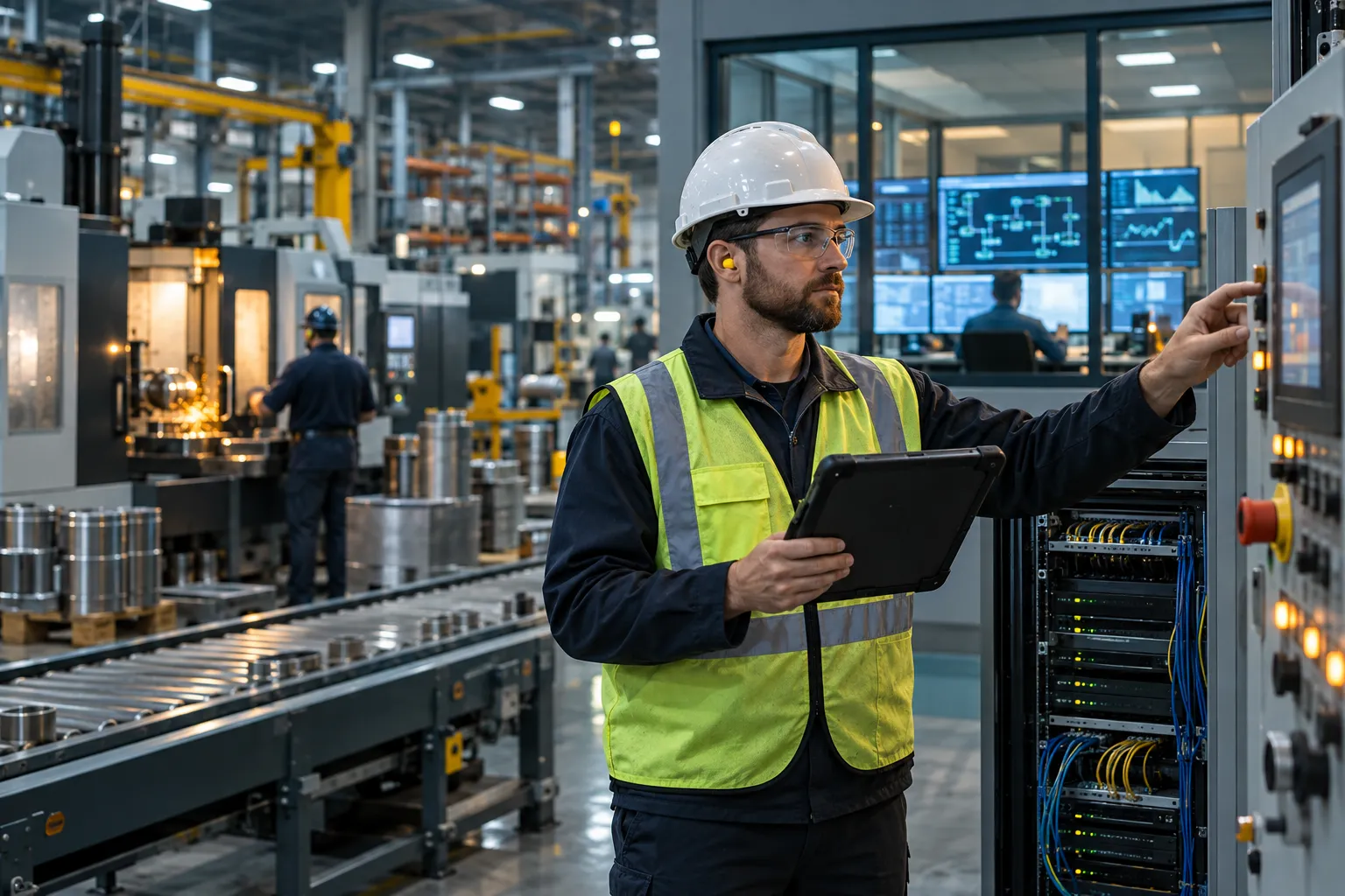 Industrial control panels and servers in a modern manufacturing facility