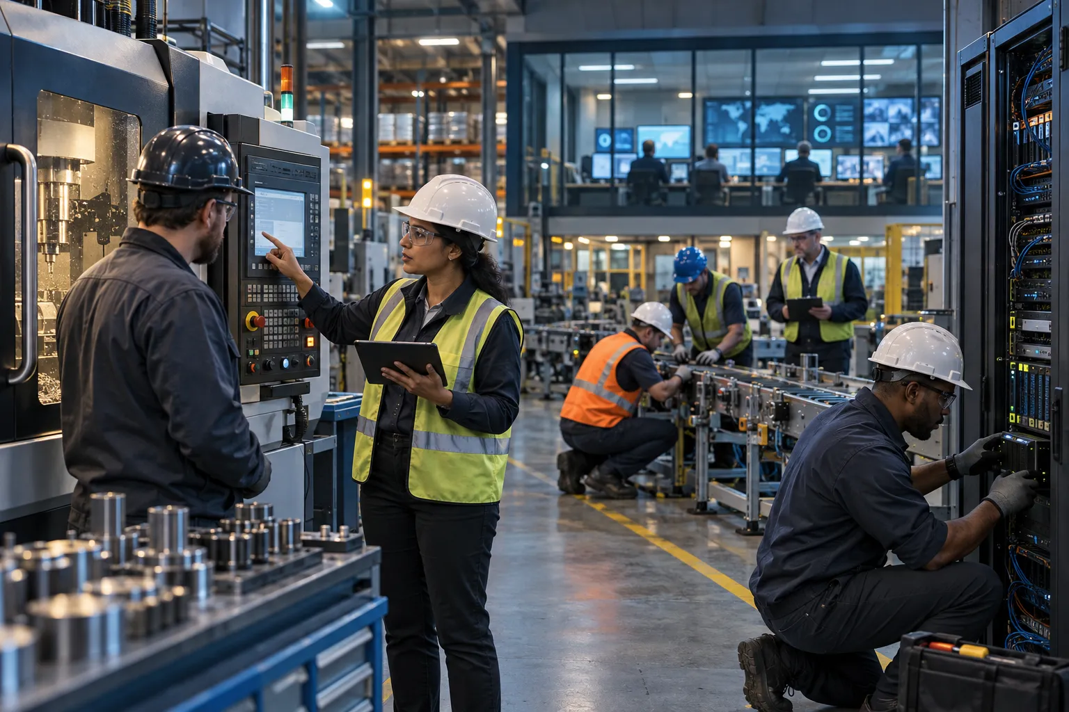 Manufacturing engineer reviewing IT support options on factory floor