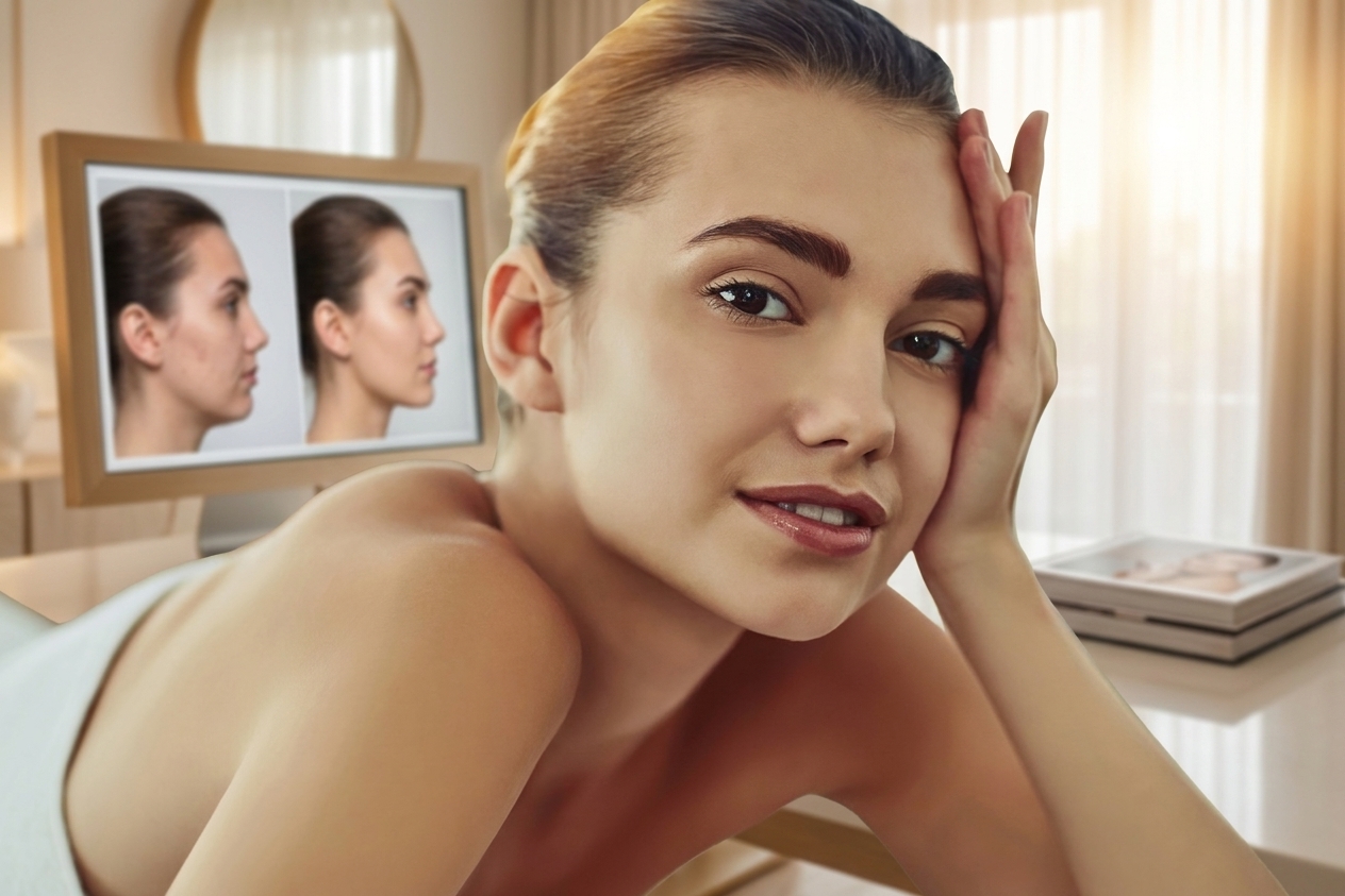Patient reviewing facelift before-and-after photographs during a consultation