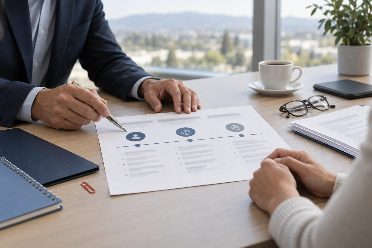 Professional comparing attorney profiles on laptop at business desk