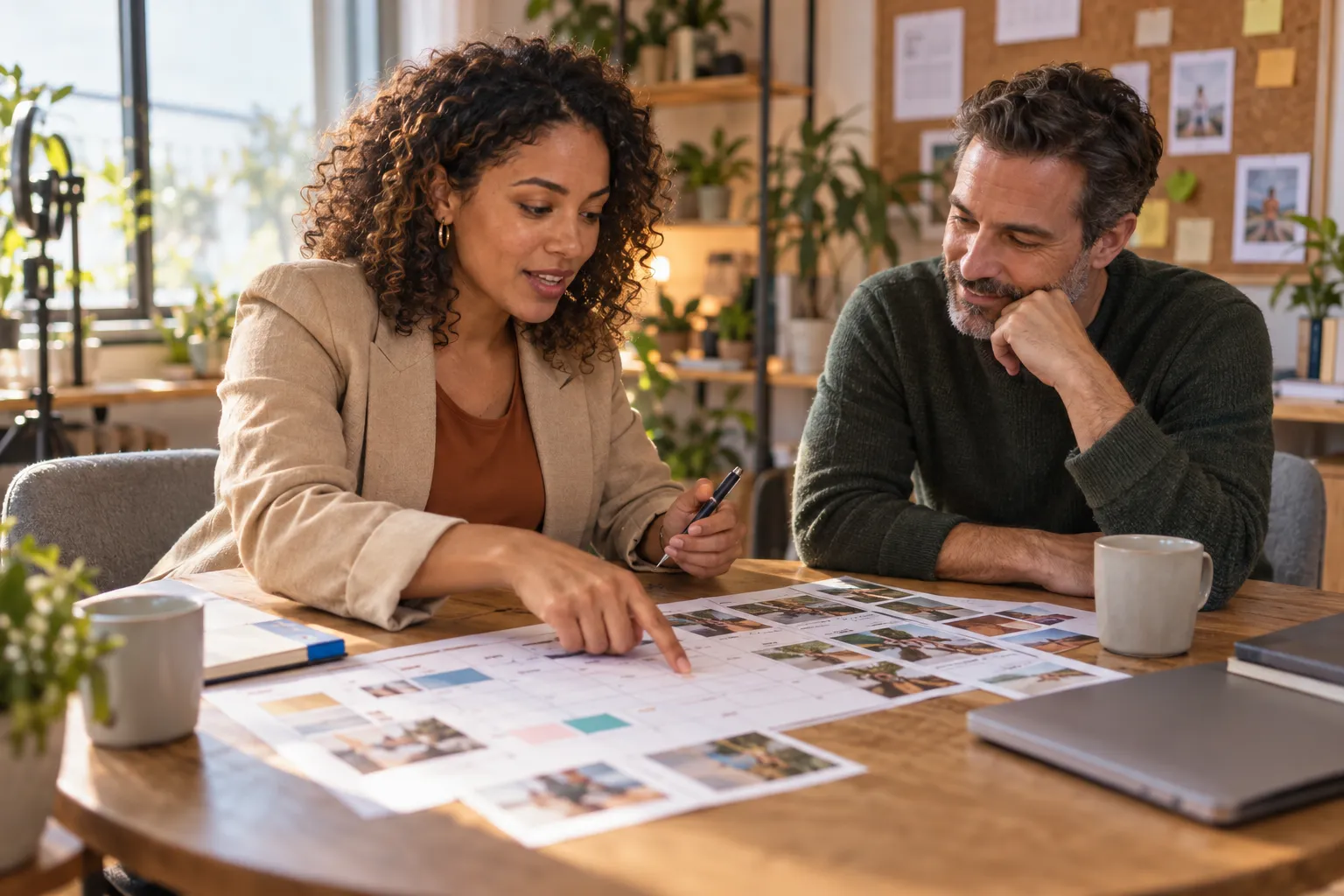 Influencer and agency manager reviewing brand campaign metrics together