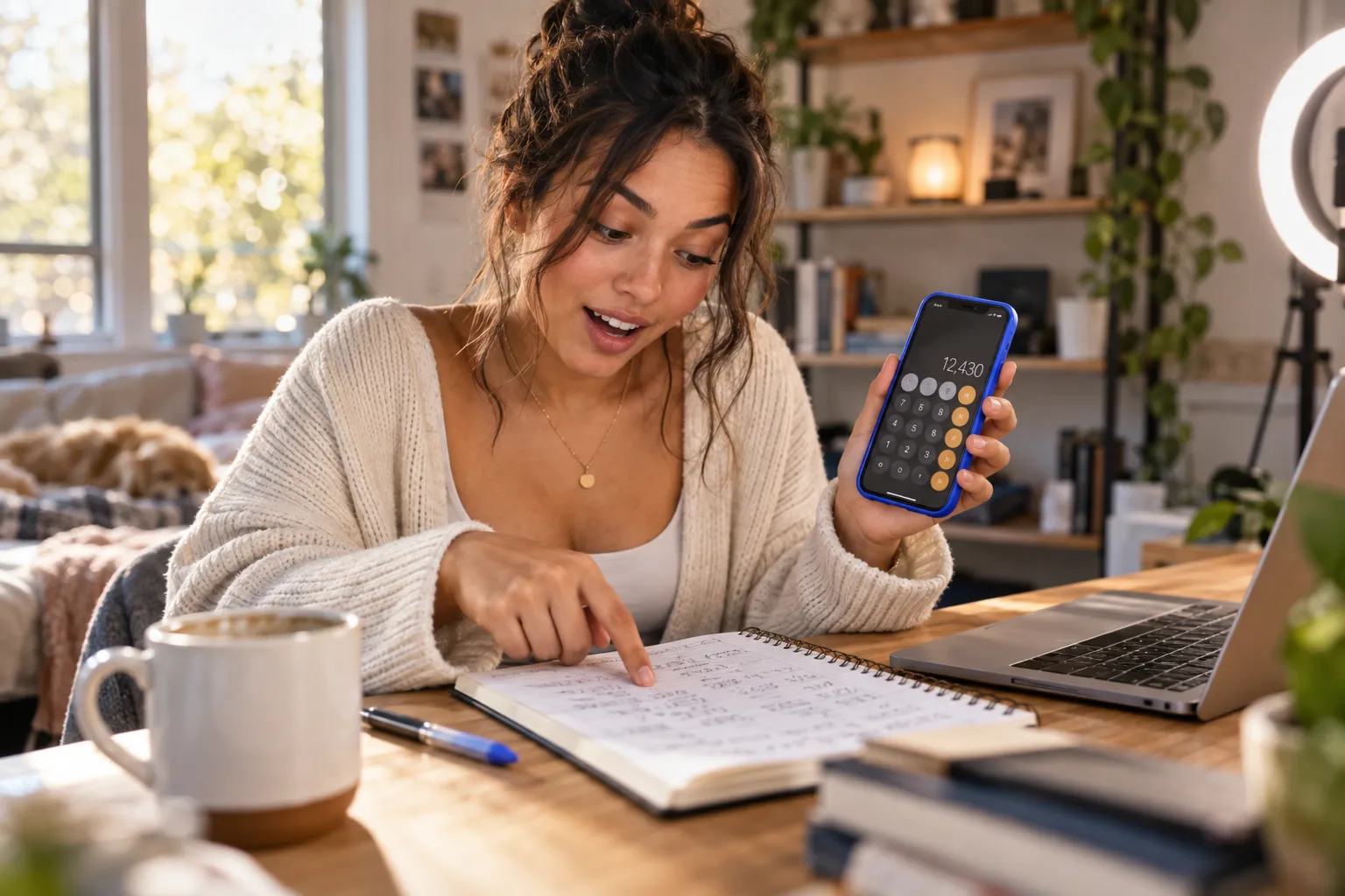 Jonge maker filmt een productrecensie met een smartphone, ringlamp en inkomstenoverzicht