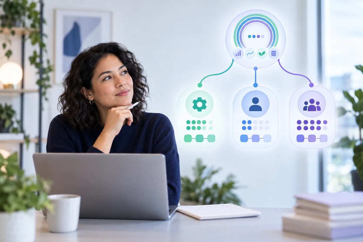 Decision tree diagram branching between three business hiring options on desk