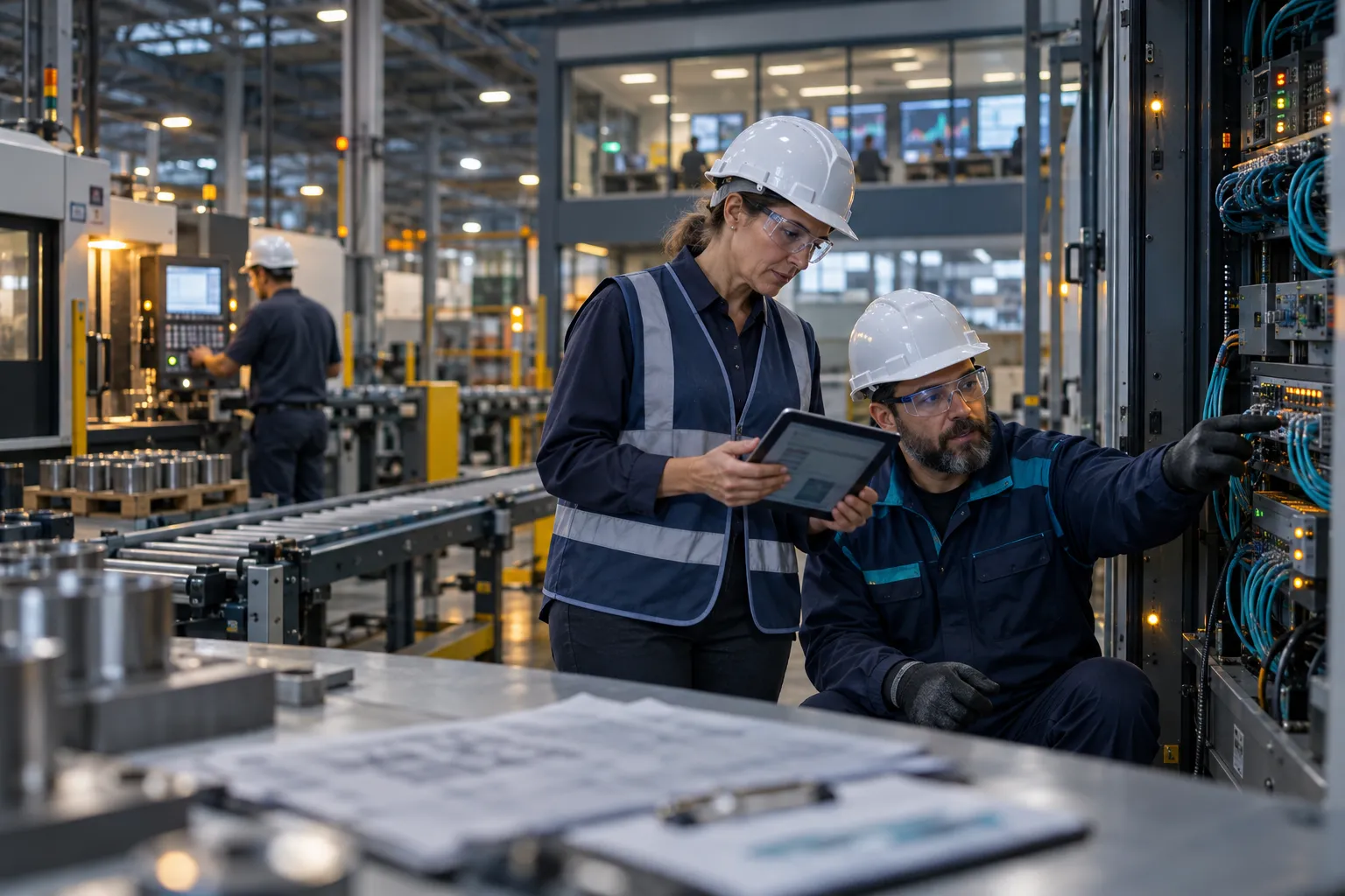 Engineer analyzing break-even data on tablet in manufacturing facility