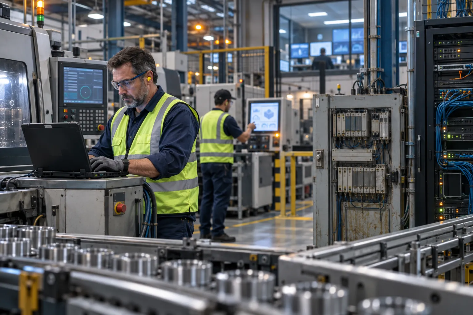 Engineer monitoring industrial control systems and cybersecurity dashboards in manufacturing facility