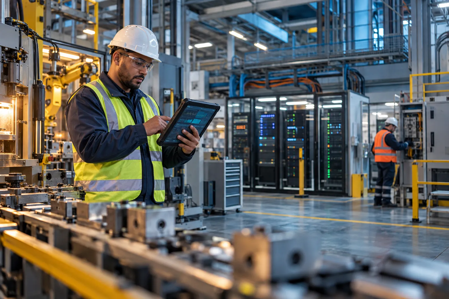 Two engineers reviewing cybersecurity dashboards inside a modern manufacturing plant