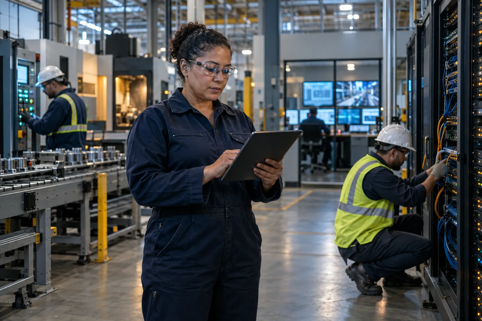 Two engineers reviewing vendor performance charts in a modern manufacturing facility