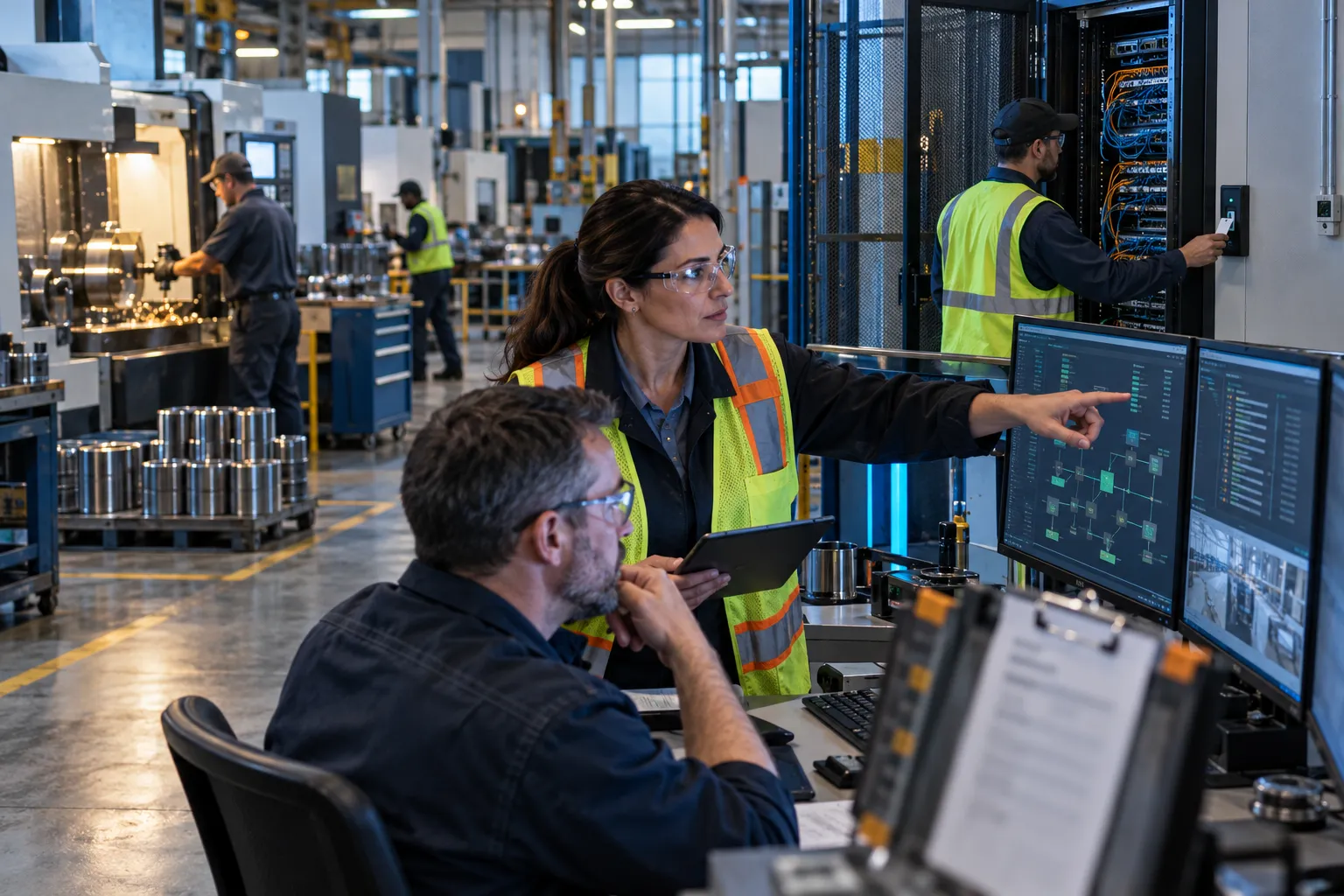 Two engineers reviewing cybersecurity compliance plans on a factory floor tablet